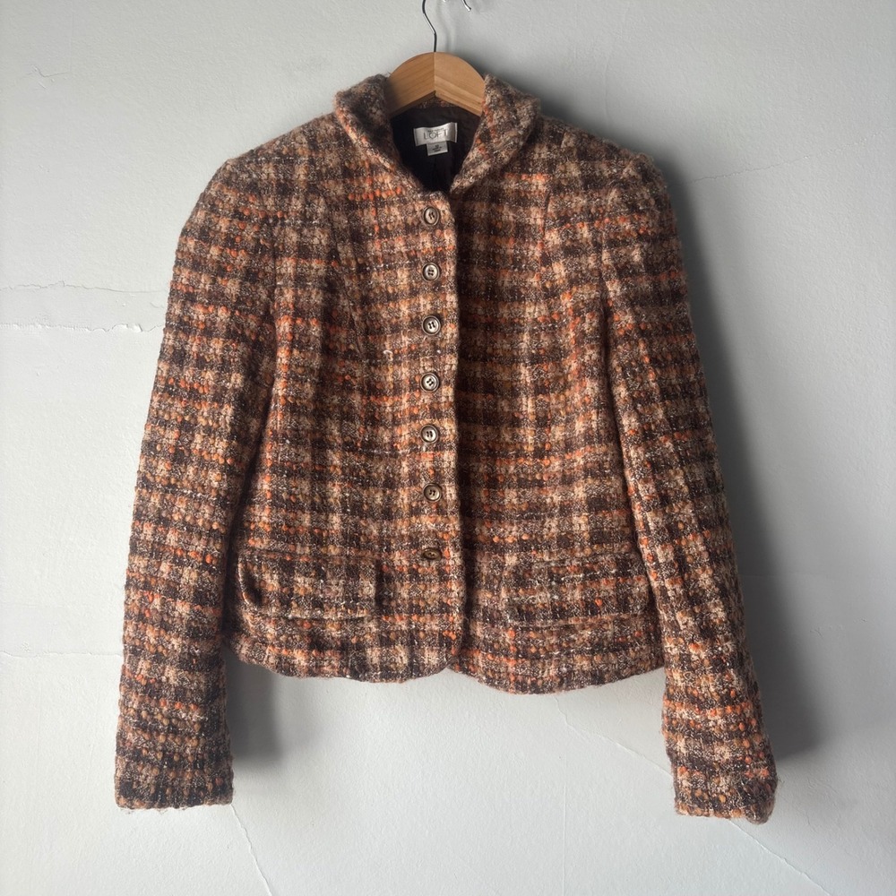 Ann Taylor LOFT Brown Orange Plaid Boucle Tweed Cropped Jacket Blazer Size 10 - Picture 2 of 9
